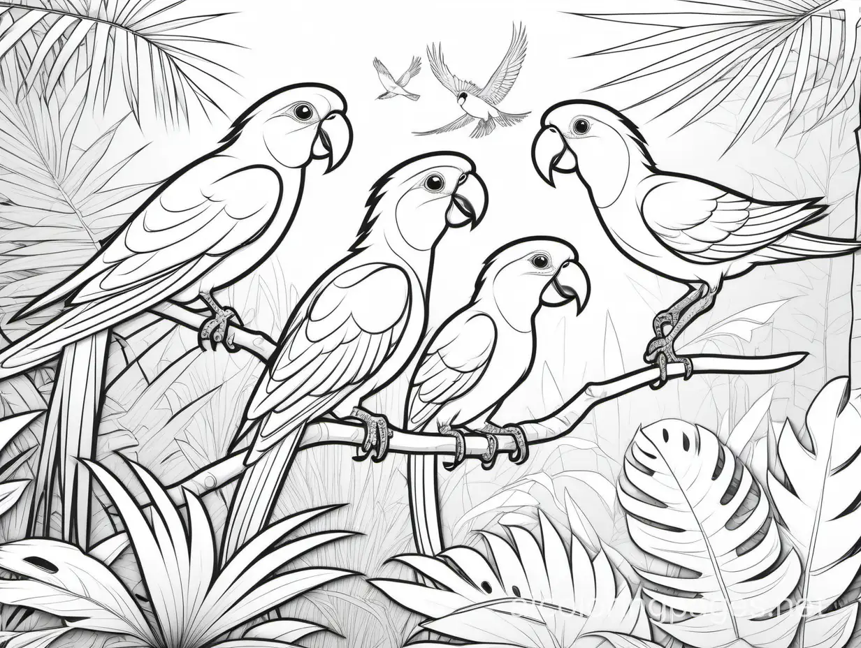 exotic birds in the tropical jungle, Coloring Page, black and white, line art, white background, Simplicity, Ample White Space. The background of the coloring page is plain white to make it easy for young children to color within the lines. The outlines of all the subjects are easy to distinguish, making it simple for kids to color without too much difficulty