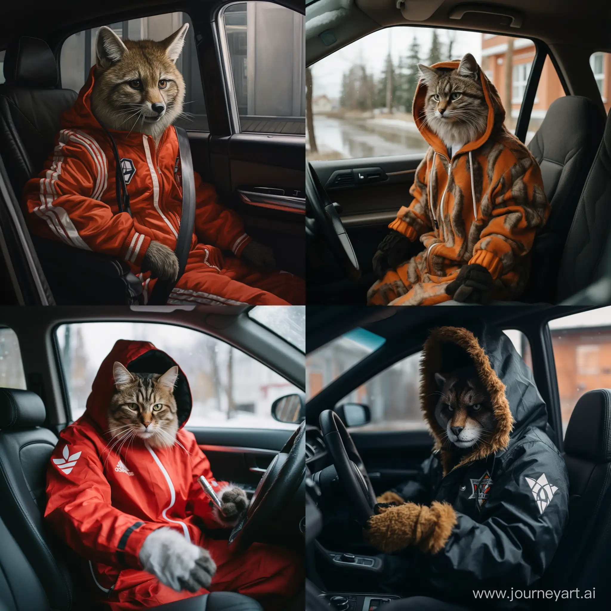 Кот с автоматом стреляет из окна машины в городе Калуга, костюм адидас, машина жигули, реалистичность