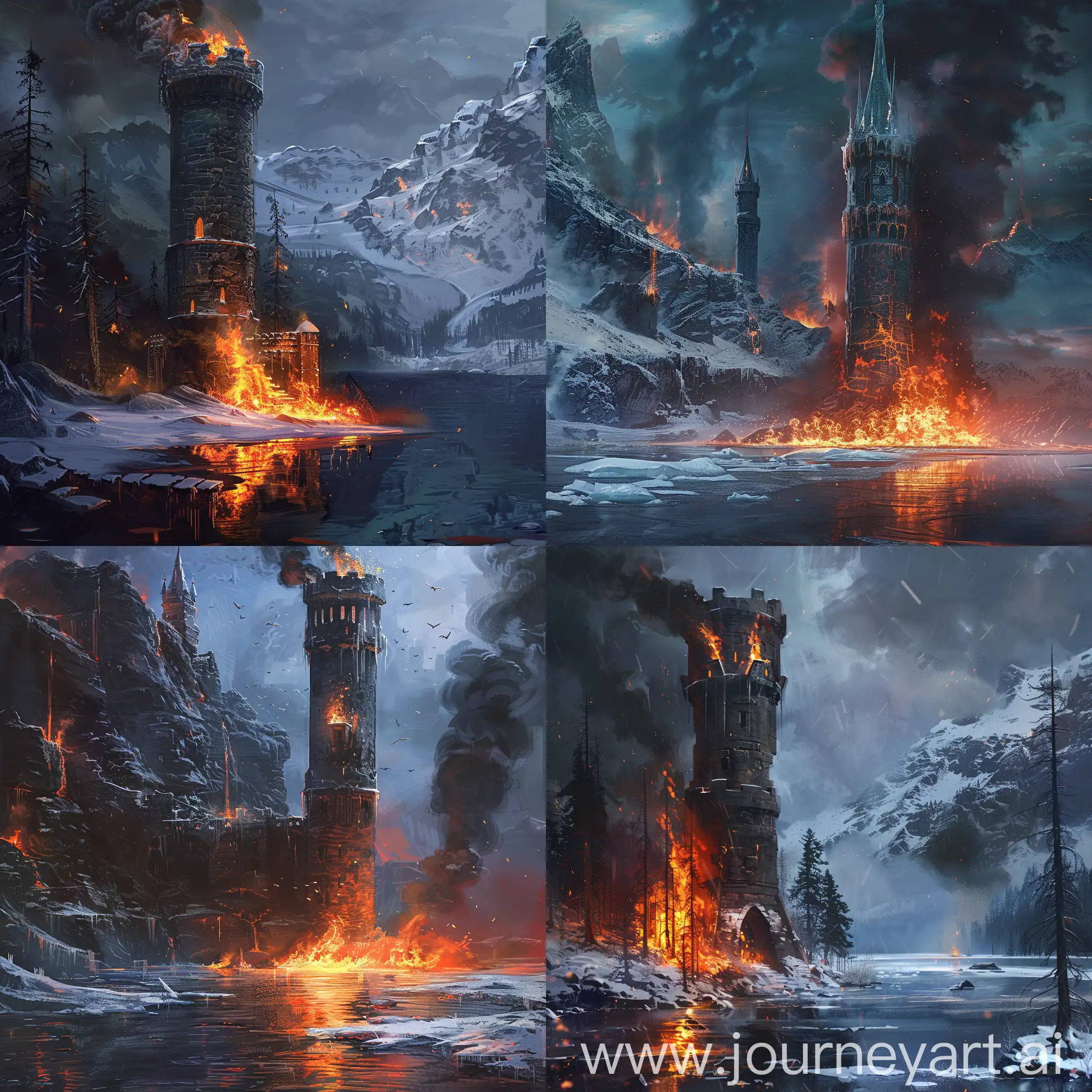 озеро горит огнём, рядом стоит эльфовая башня которая замёрзла