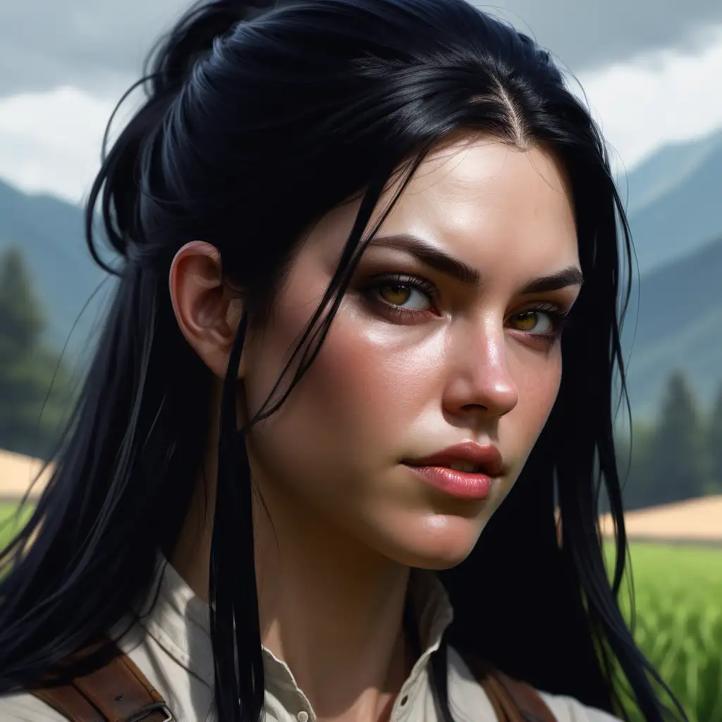 plain, farmer, long black hair, close up, d&d, highly detailed, digital painting, artstation, sharp focus, fantasy art, character art, illustration, 8k, art by artgerm and greg rutkowski
