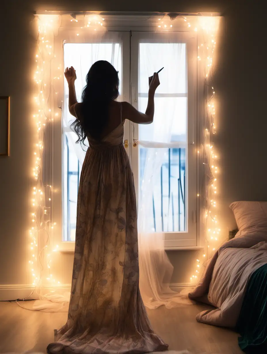 Just back of a beautiful woman a dress trying to write in her beautiful room with lights