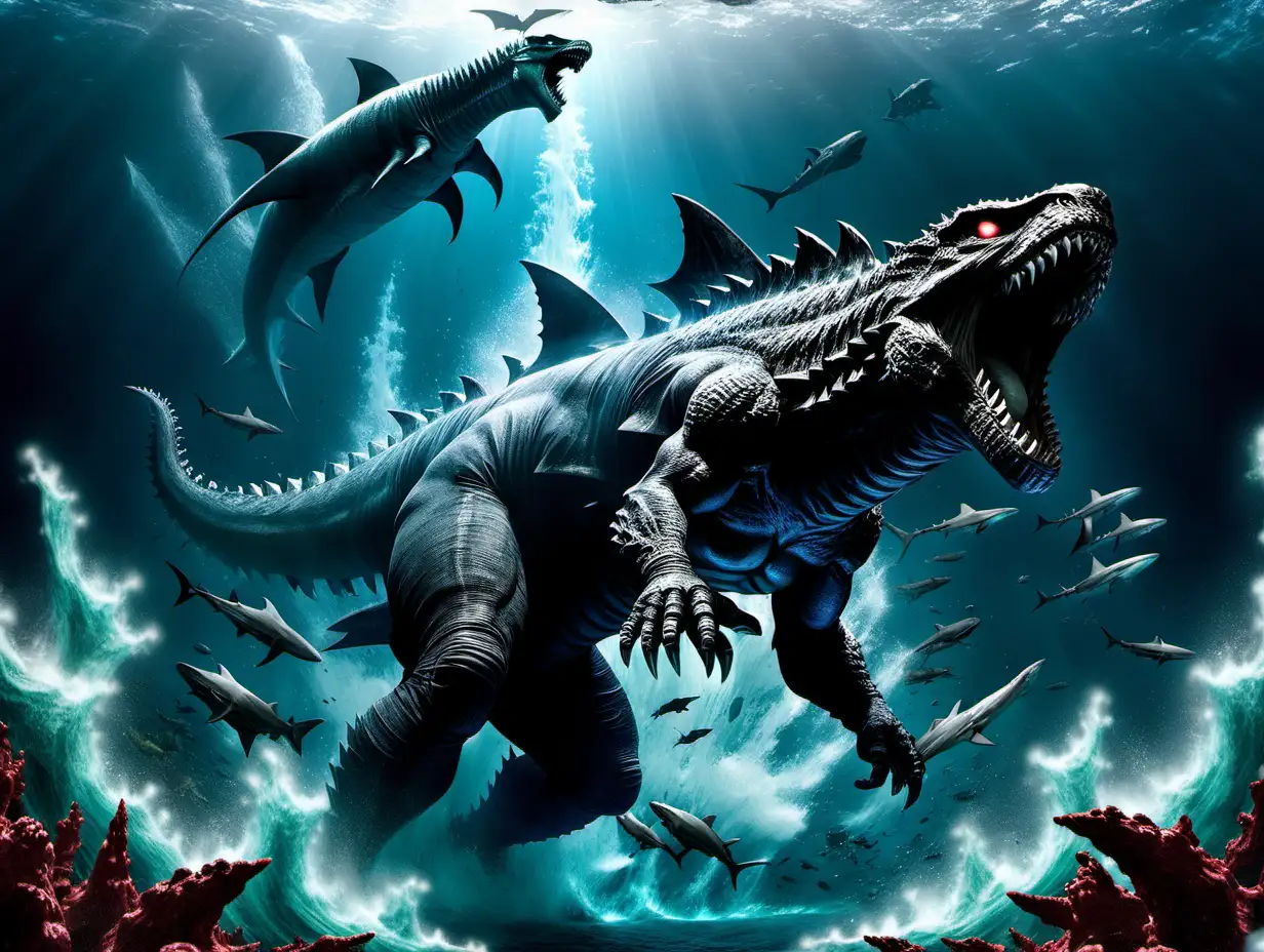 Godzilla fighting a mega shark underwater in Atlantis