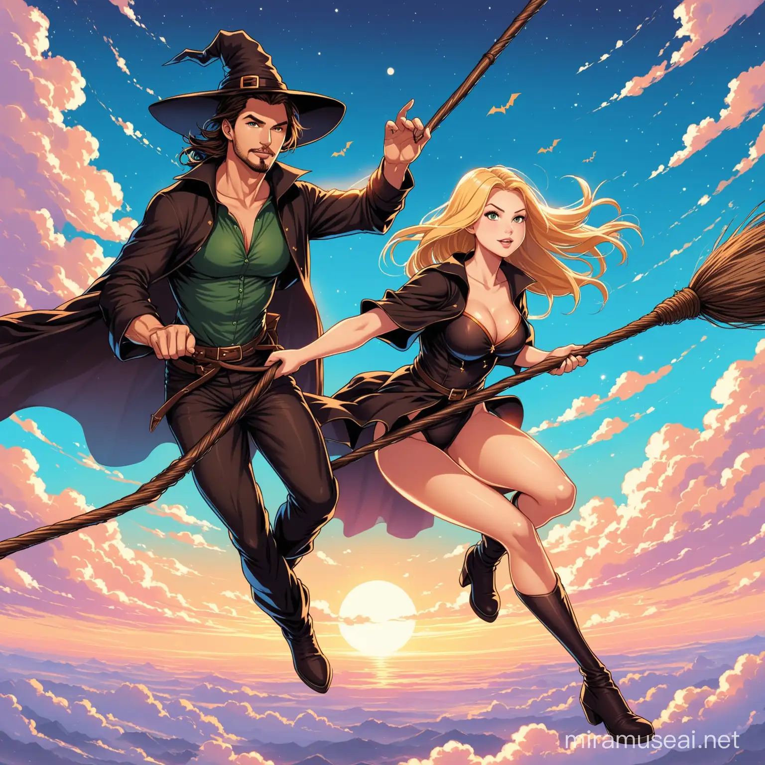 blonde sexy woman witch flies her broomstick across the sky with a handsome brunette man behind her