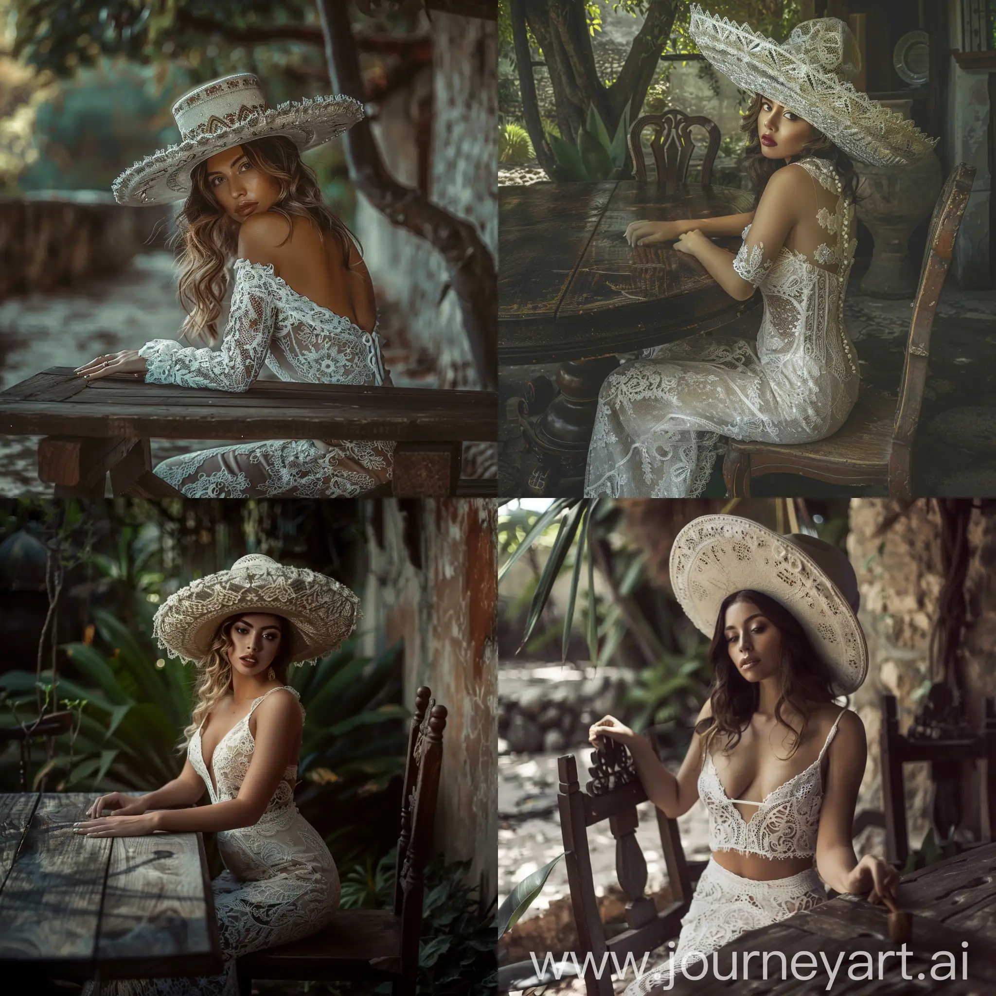 hour glass physique, wearing a laced white dress, wearing a women's elegant sombrero hat, in an old colonial garden sitting at a dark wood table, the model dose not exist in real life
