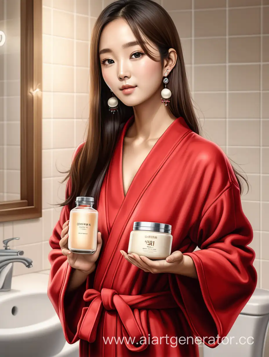 Красивая кореянка с прямыми волосами до пояса, в домашнем красном халате, с миниатюрными серьгами, с баночкой с кремом в руках, на фоне ванной комнаты