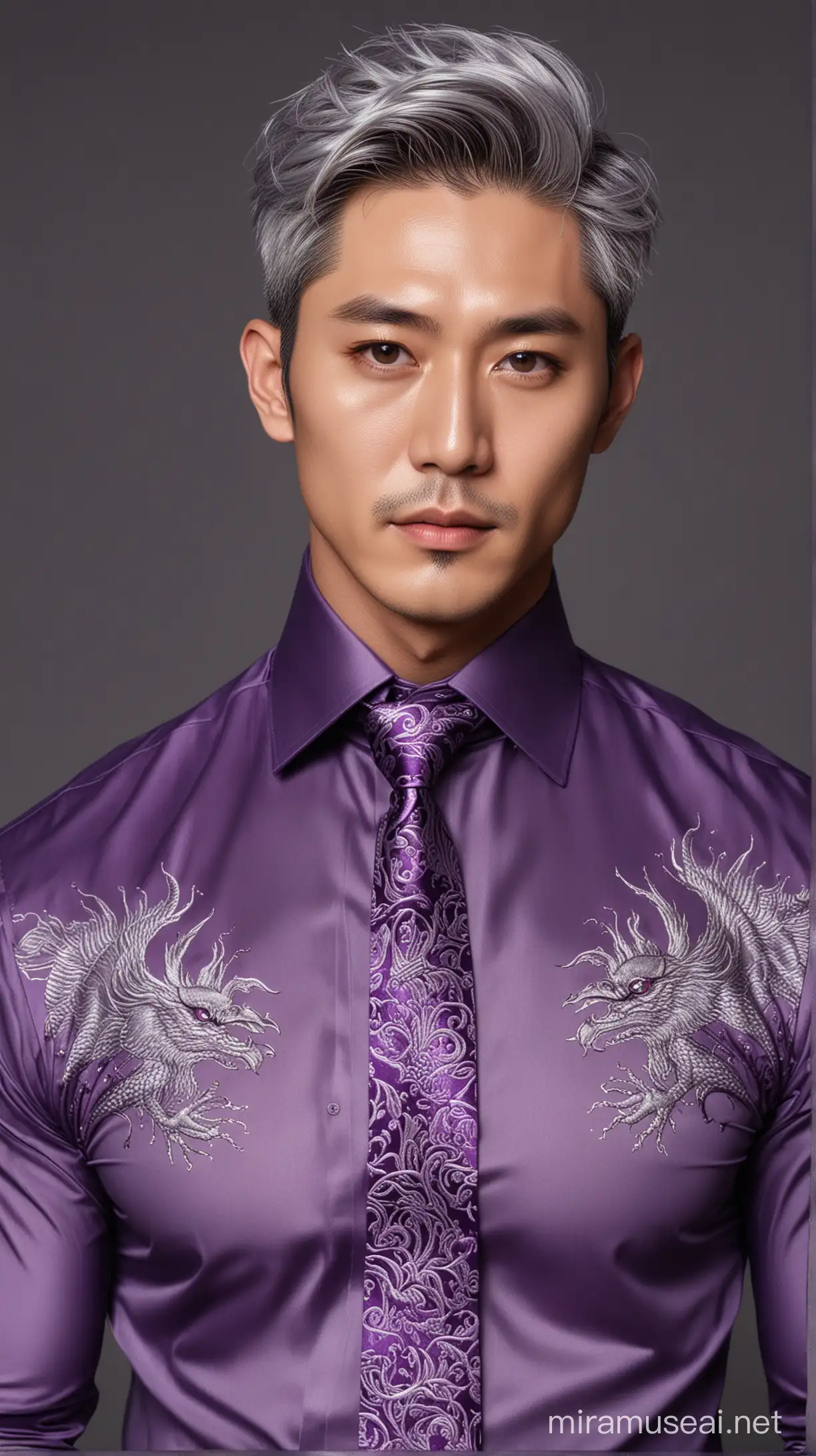 frontal of glassy-eyed, handsome and fitness korean daddy, with strong and prominent rock hard pecs, slicked-back silver hair, widened silver violet eyes, wearing a tight-fitting long-sleeved purple dragon pattern embroidery silver satin transparent business gothic style shirt and tie.eyes glowing violet.