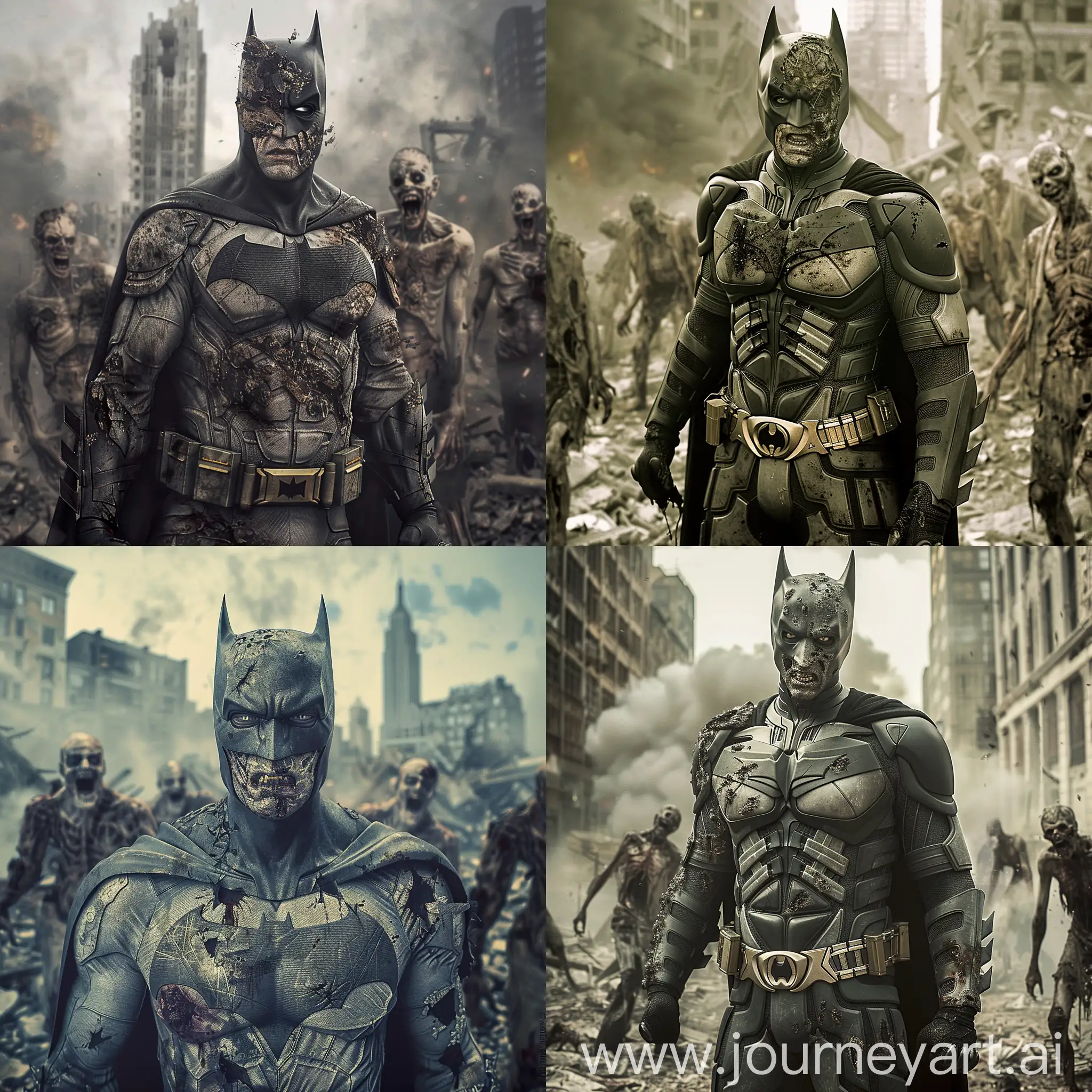 Batman has turned into a zombie and his face is scarred and strange and he is standing in front of the camera and he is tall and full body in the picture with his torn and dirty clothes, there are some other zombies behind him and the city around them is in ruins,real