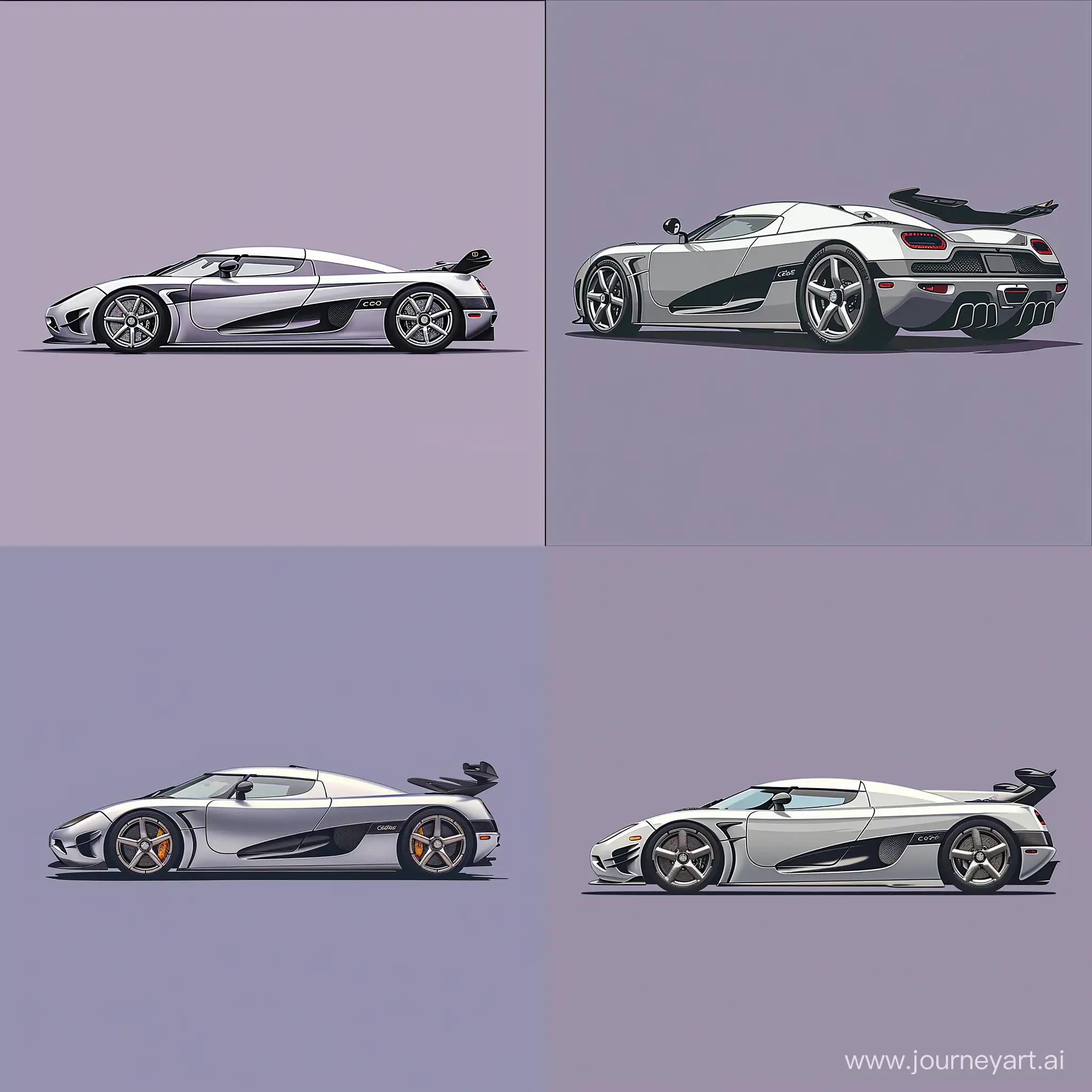Minimalism 2D Illustration of: Silver Koenigsegg cc850, Simple Purple Background, 2/3 Vehicle Angle Photography, Adobe Illustrator Software, High Precision