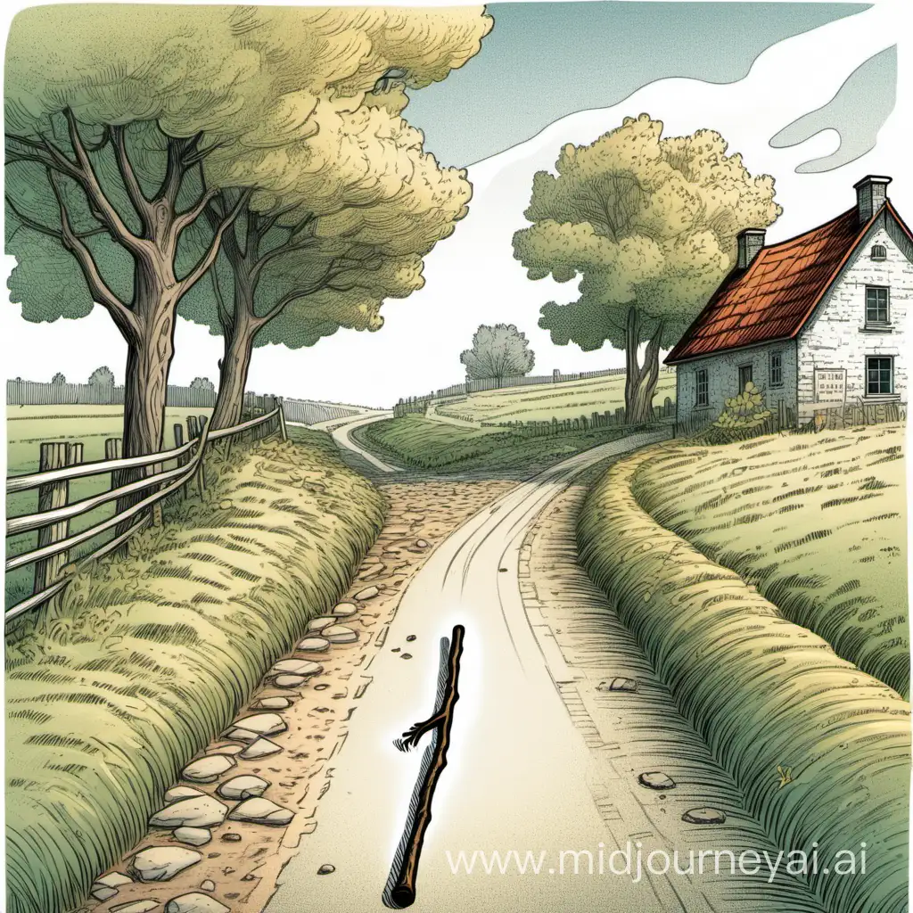 Picturesque Country Lane with Quaint Stick Chuck Groeninkinspired Illustration