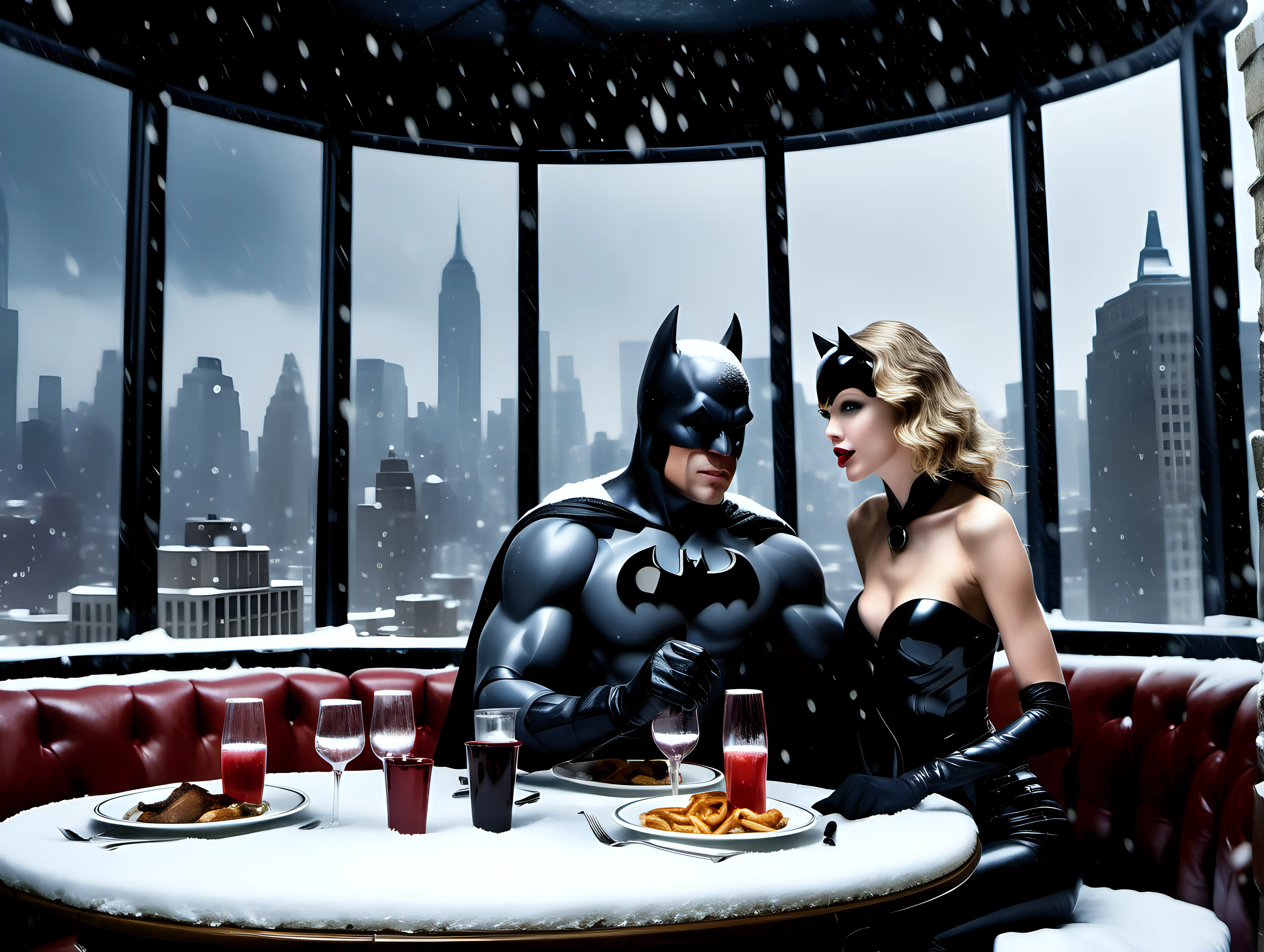 wide view Taylor Swift as Cat woman and Brad Pitt as Batman  on a date in a fancy restaurant overlooking NYC during a snow storm Frank Frazetta style