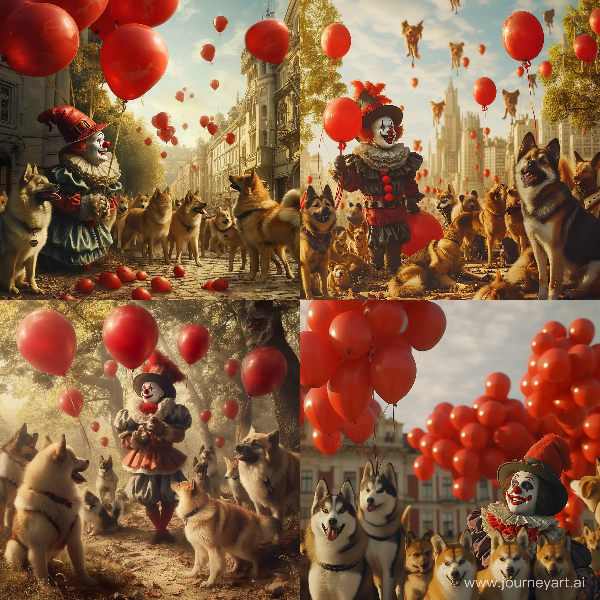 Клоун в шляпе в руках держит красные воздушные шарики, а вокруг много собак породы шпиц, гиперреализм, большая детализация, дневной свет