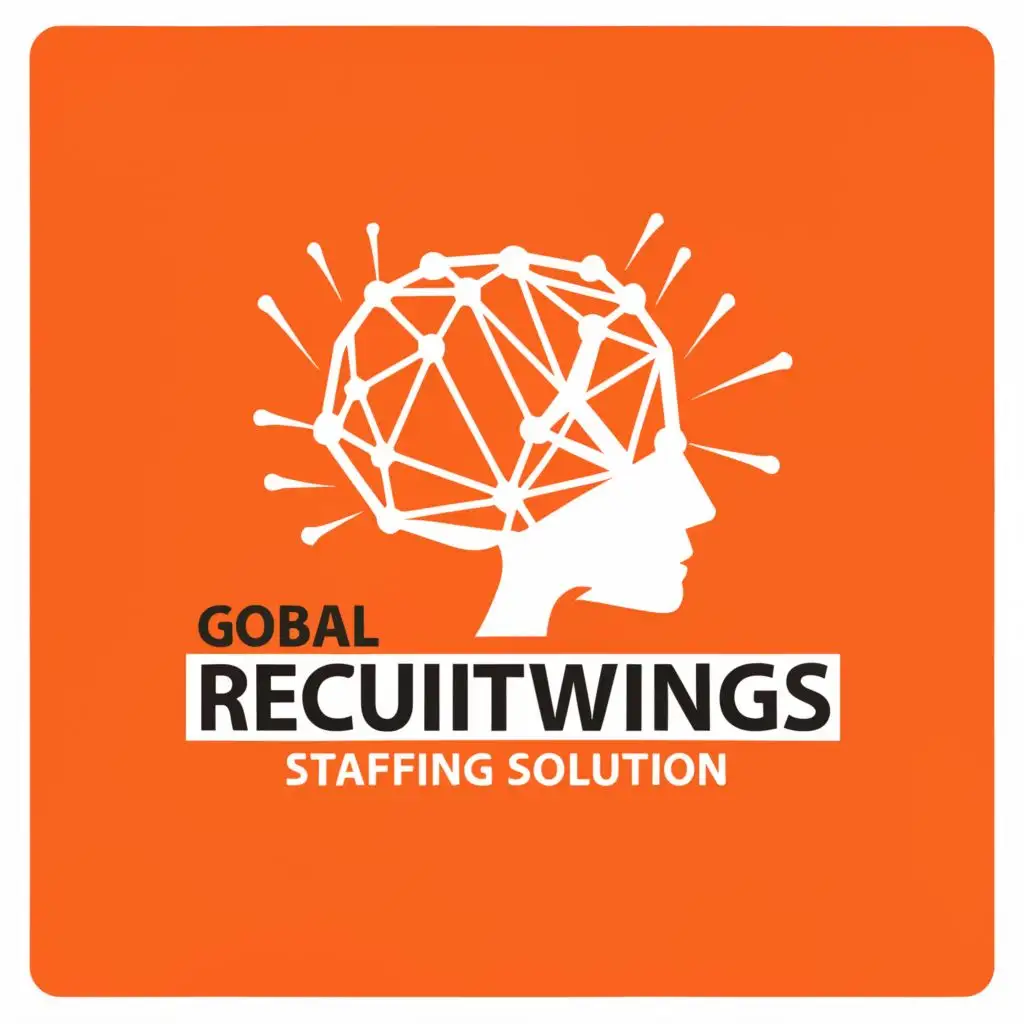 a logo design,with the text "Global Recruitwings", main symbol:brain, Staffing solution, Global, CV, Magnifier glass, wings, orange colour,Moderate,clear background