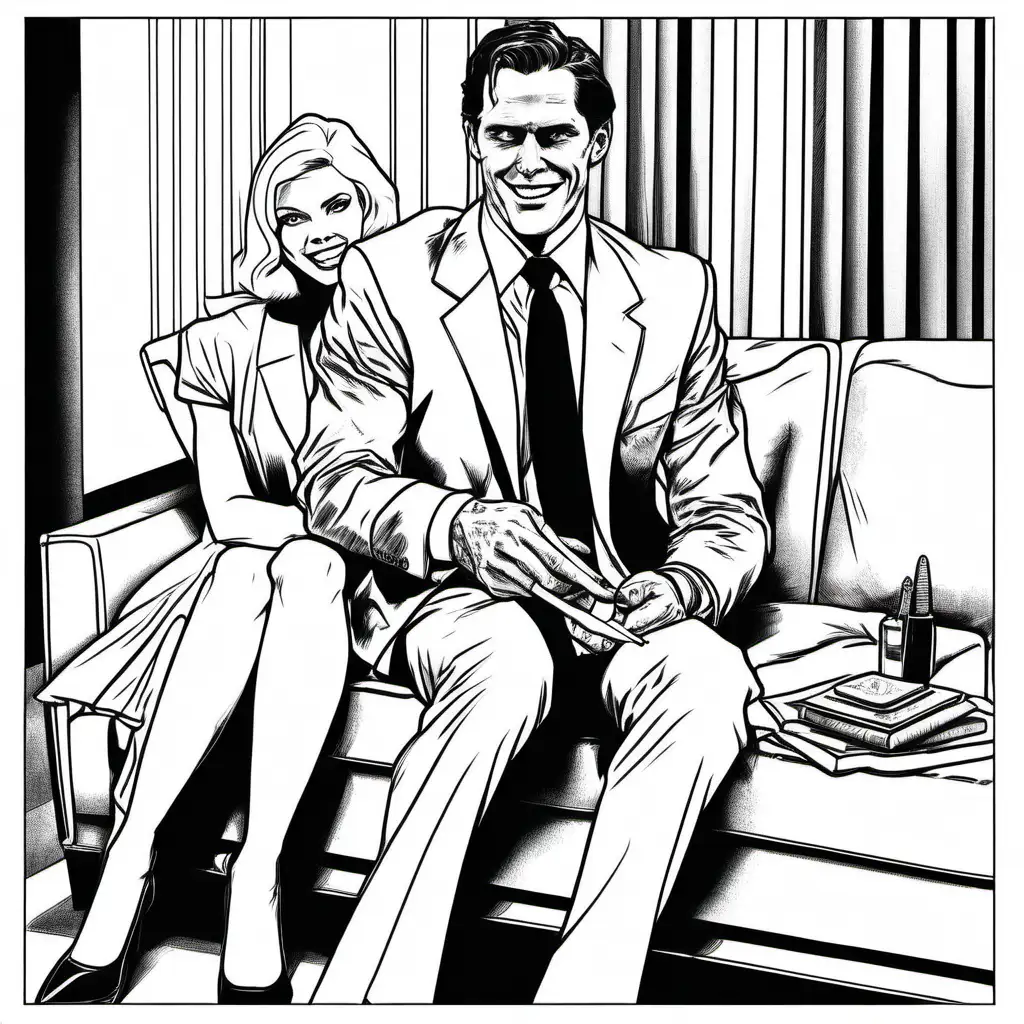 black and white drawing of handsome executive from 'american psycho' sitting on couch with a big knife, smiling and talking to a beautiful girl all wearing white for coloring