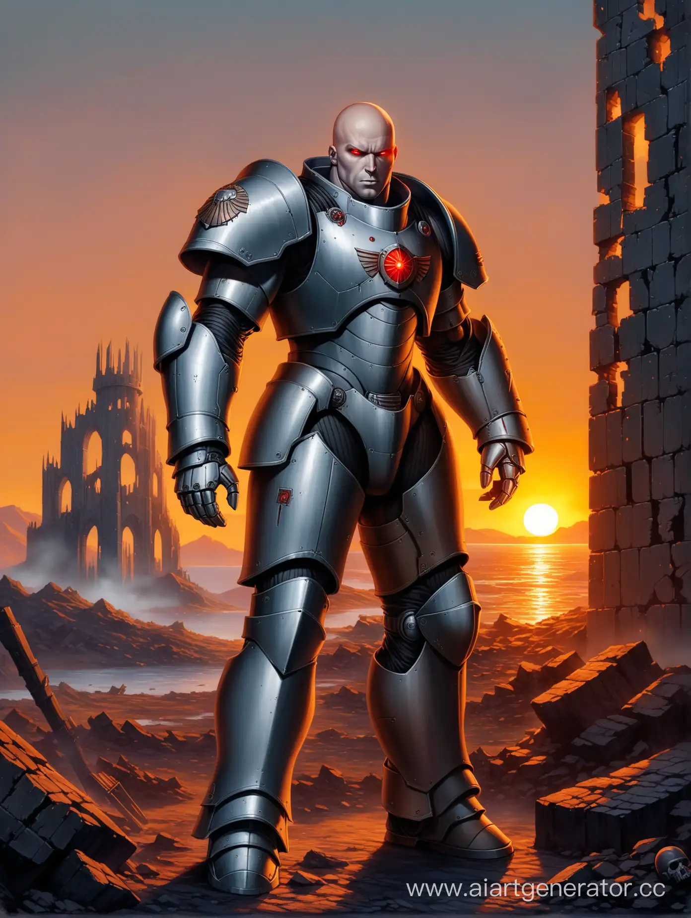 Ultramuscular man in realistic style similar to space marine. red eyes, bald augmented head. Full 3 meters body image. Wearing a sci-fi medieval grey coloured power armour, no skull images. Stands in fantasy ruins at the sunset.