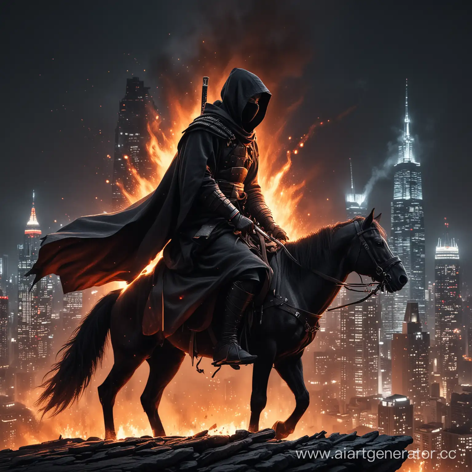 Shinobi-Night-Rider-Cloaked-Swordsman-on-Fiery-Horse-amidst-Skyscrapers