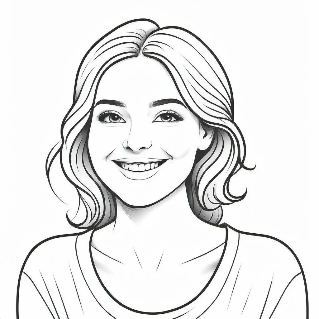 simple coloring page, smiling woman, simple drawing, black and white , minimalistic