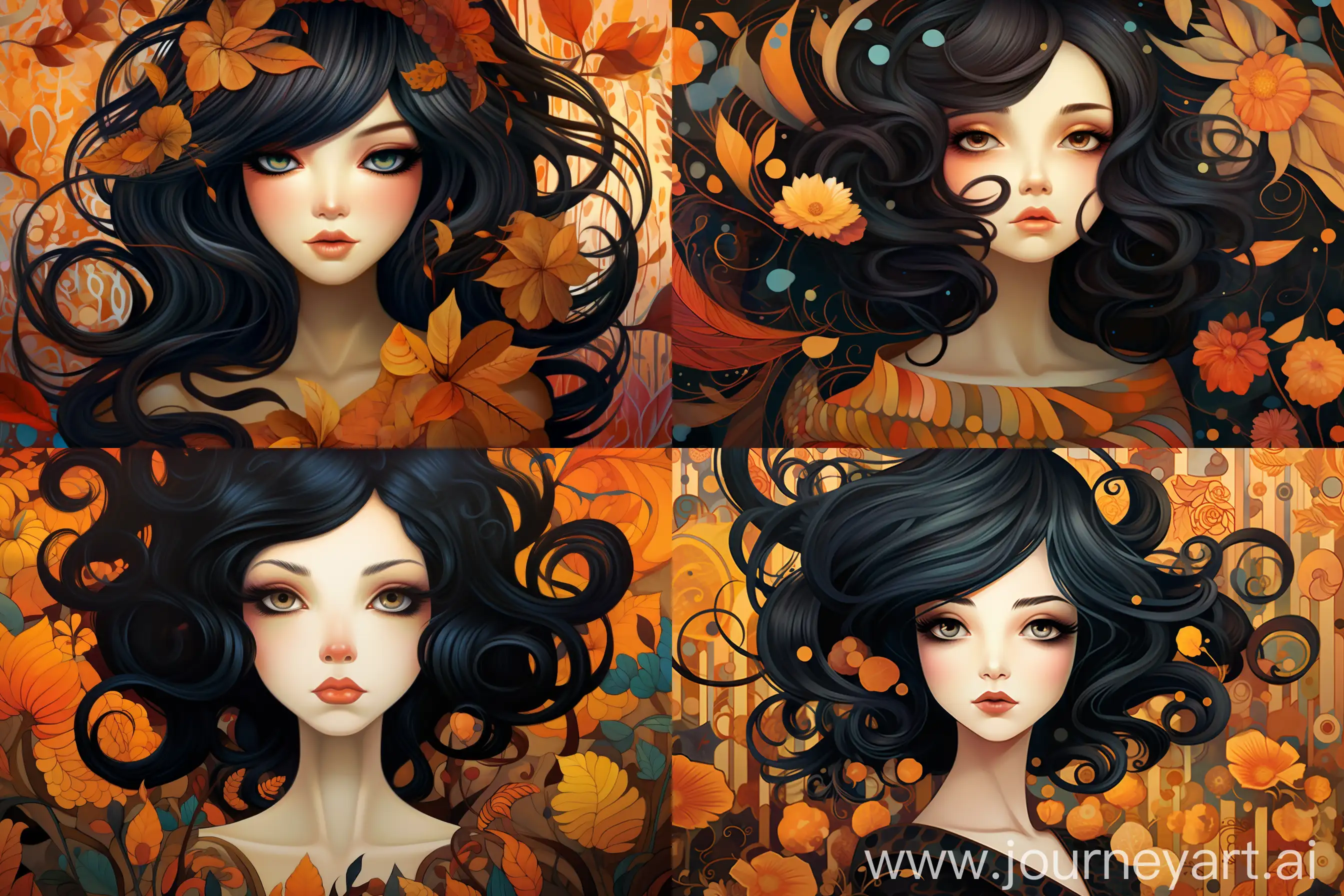 a illustration of a woman with black hair, an art deco, inspired by Jeremiah Ketner, orange and brown autumn leaves for hair, maxim sukharev, extremally detailed, charming expression gesicht, gustav klimt style --v 5.2 --q 2 --ar 3:2