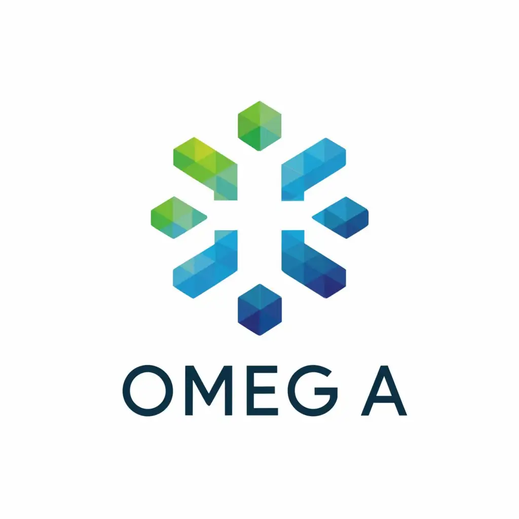 a logo design,with the text "omega", main symbol:First aid/ medical cross, made up from small hexagonal shapes with a mix of blues, greens and orange,Moderate,clear background
