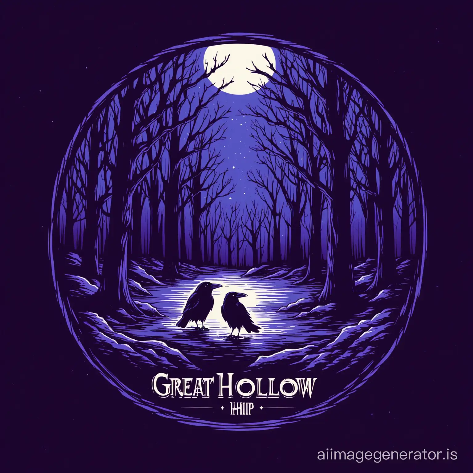 logo for lofi hip hop group called great hollow. Use cool font and mystical trees. have a raven somewhere in the image.