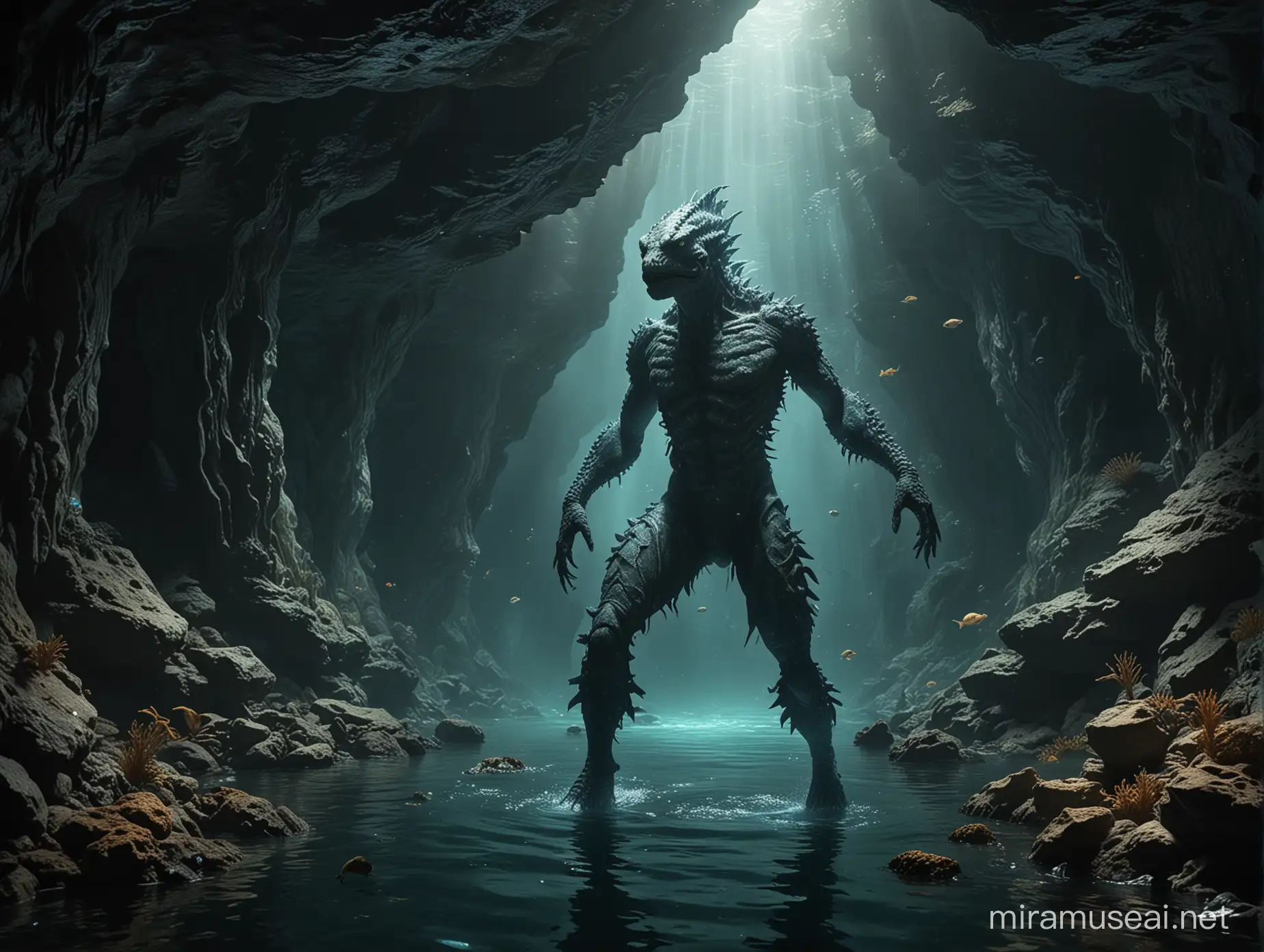 A mysterious and cinematic scene featuring a scaly humanoid sea creature with a human torso and arms, fish-like head, and two fish tails as legs, it lives in underwater caves and likes to grapple its human victims. 