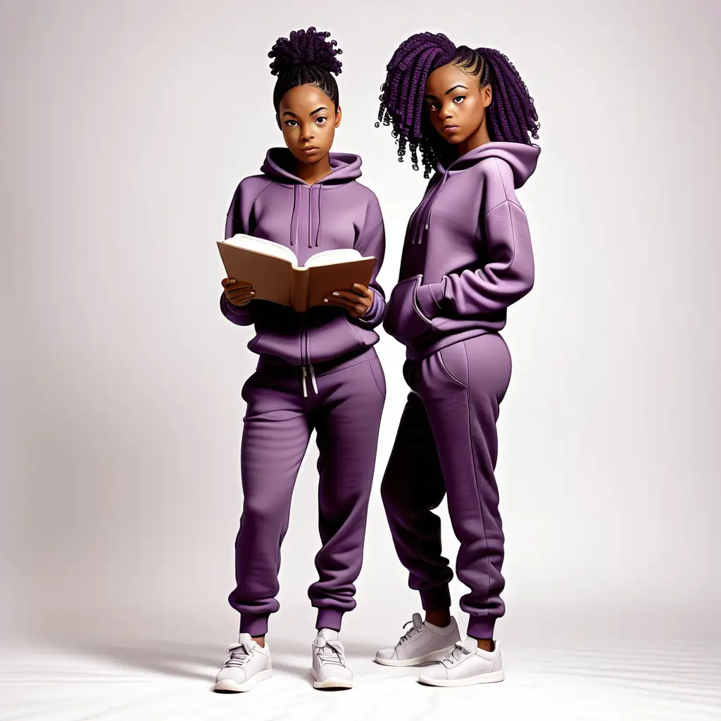 Young short black female dressed in a purple sweat suit  with a white background full body shot  standing and reading 