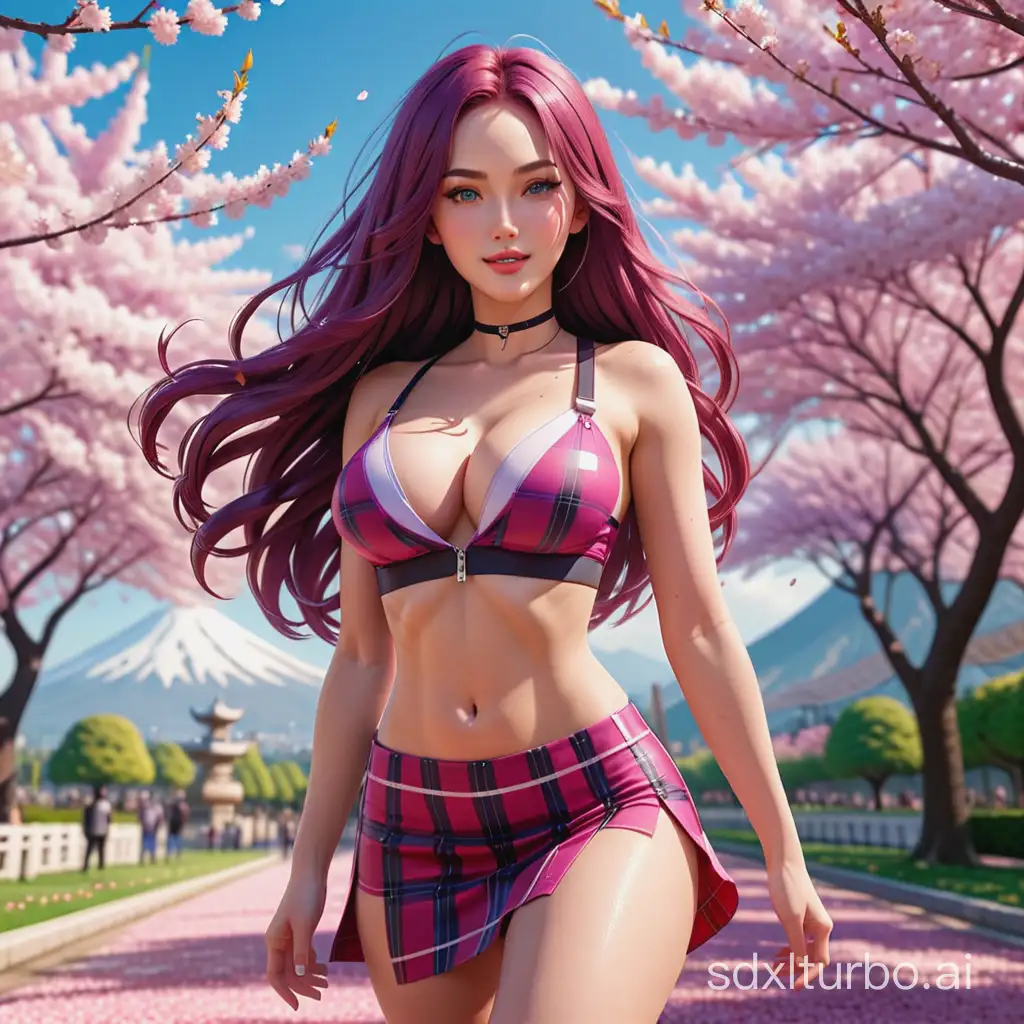 Busty Megan Fox as Zero Two,purple long hair,red horns,dressed in a unbuttoned school top and unzipped mini skirt,checkered colors,underboob,sensual face emotions,standing halfway around under falling cherry blossom petals,behind a huge volcano and a cherry blossom park,strong wind,volumetric shadows,real 3d,stunning details,hair blowing wind,perfect beautiful face,high quality eyes,plump lips,kawaii smiling,flat stomach,slender hips,perfect body,slim hips,style raw,masterpiece,best quality,32k,extremely detailed cg,vibrant color,sun shafts,ray-tracing.
