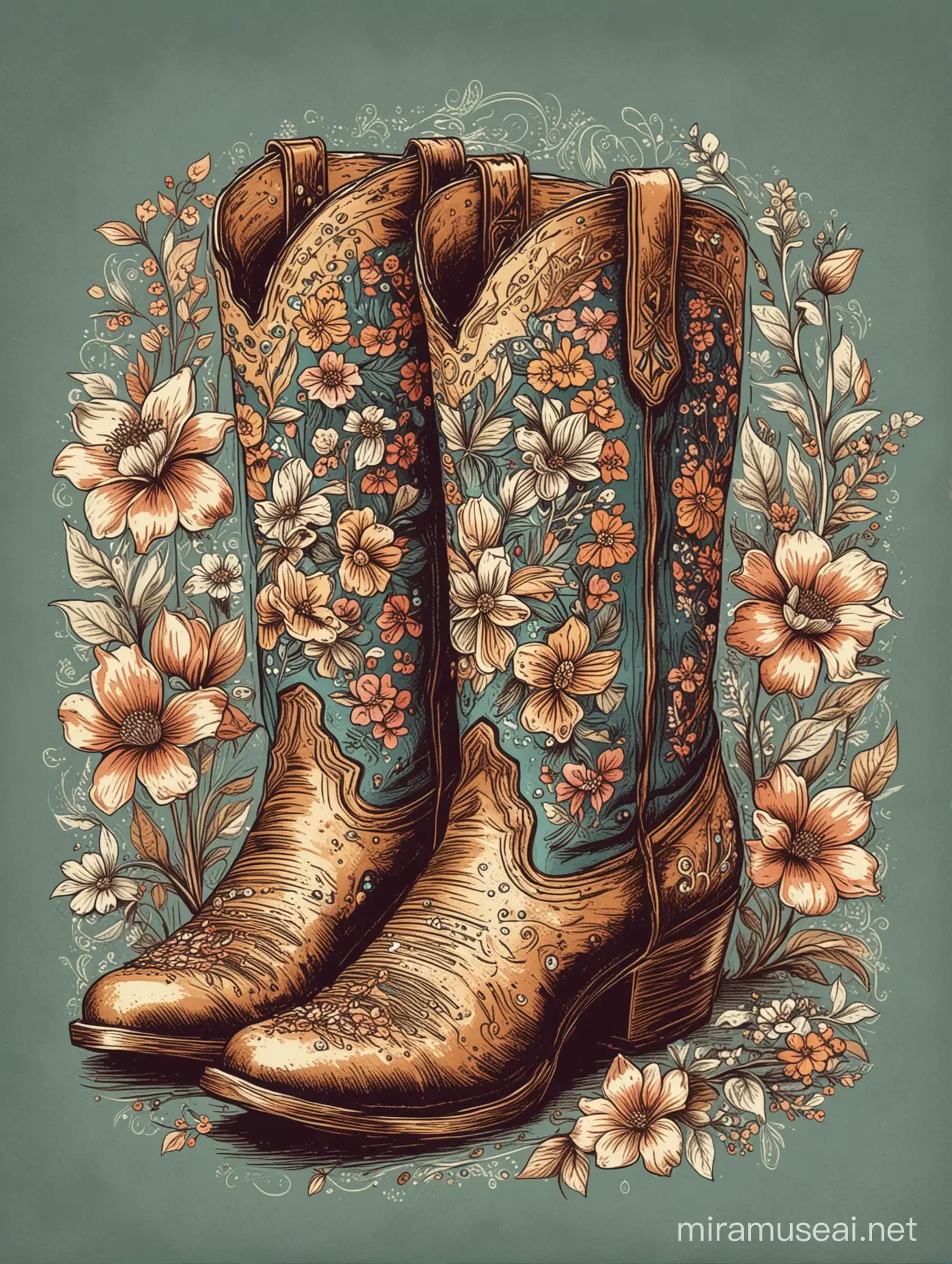 Vintage Floral Cowboy Boots Pen Illustration
