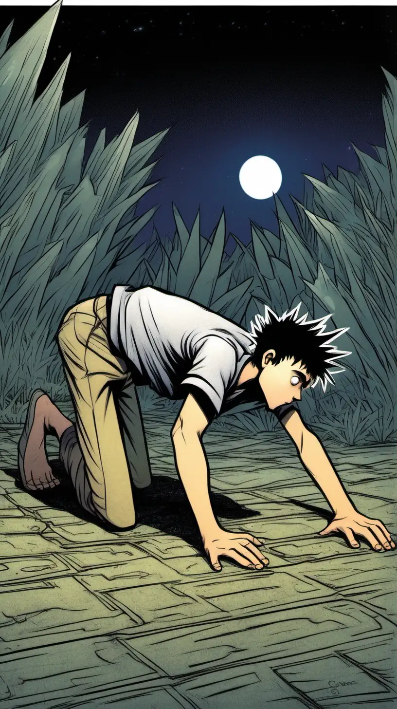 Color Cartoony; from the side. Young man  with short dark spiky hair wearing  a short sleeve shirt crawls on his hands and kness like an animal on the gound at night 