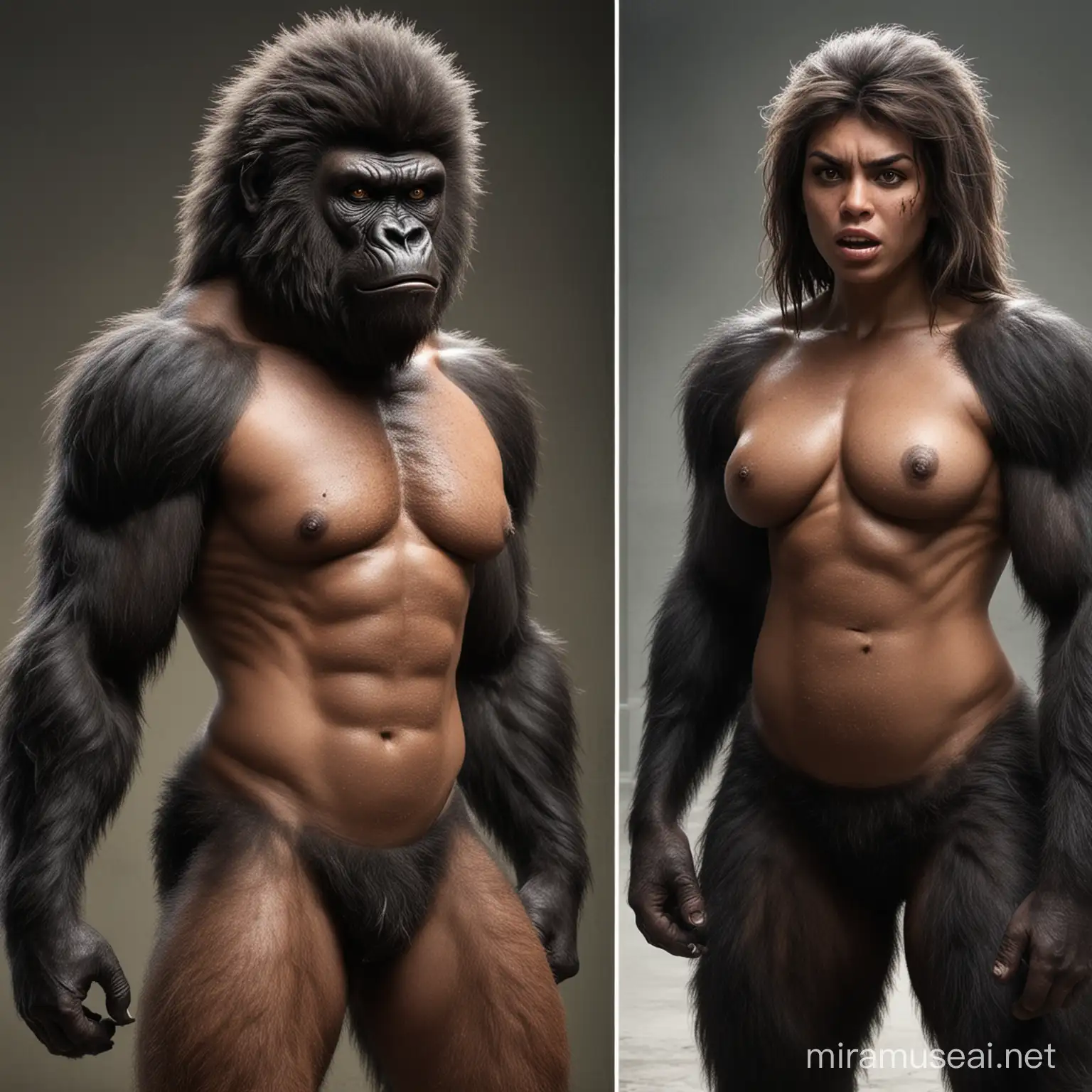 A very hairy girl transform to weregorilla showing the very hairy female body with brown skin with hairy face and sweaty gorilla face 