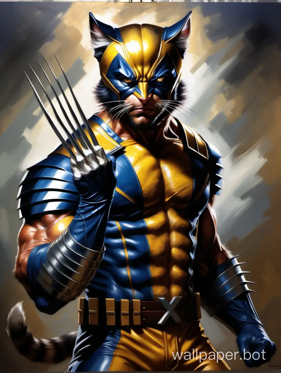 The cat in a Wolverine costume, cat head, hero pose, detailed costume, claws, cinematic, cat head with a human body, cat warrior, X-Men, classic portrait, realistic oil painting