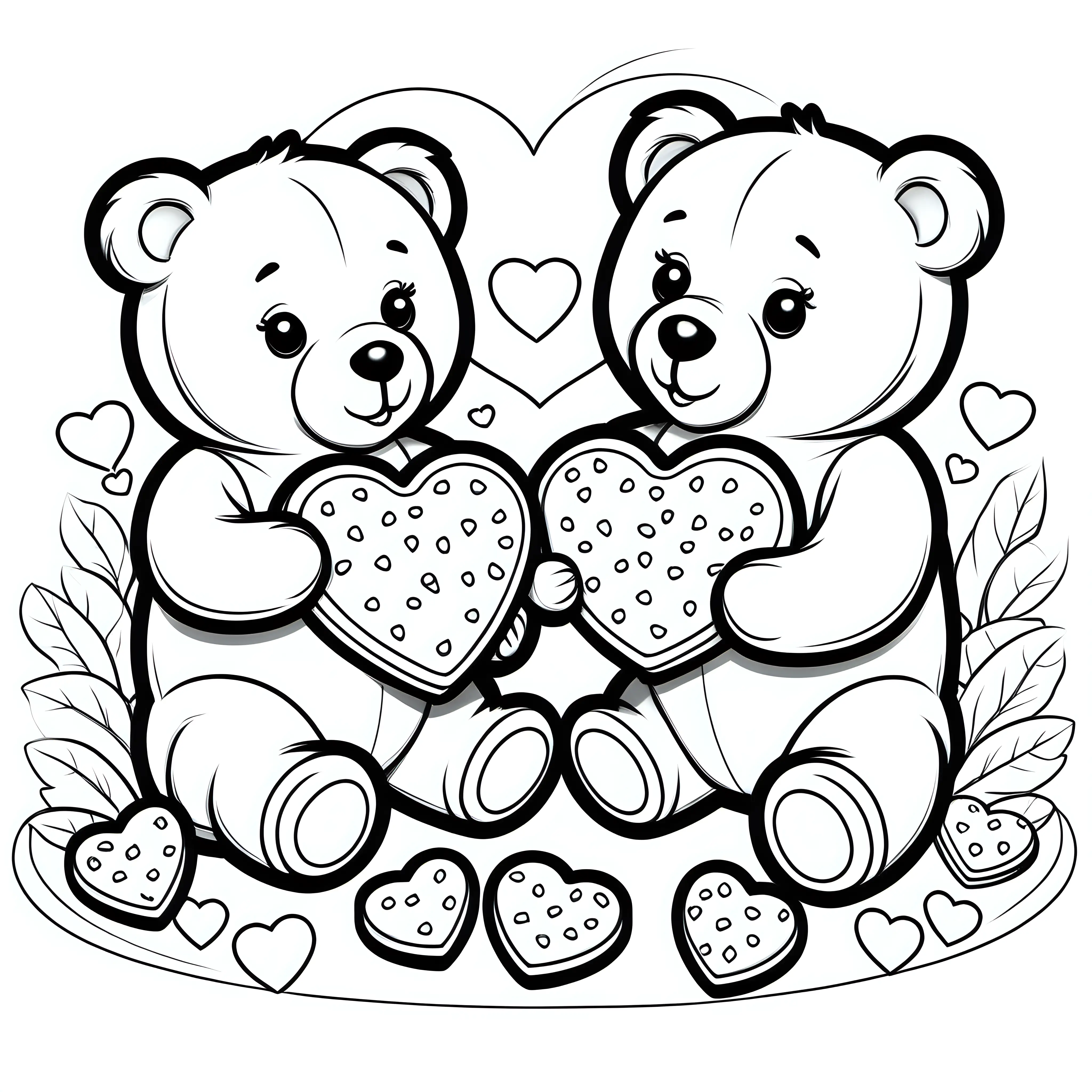 create a black line illustration with a white background. for children's coloring book of two cute teddy bears eating heart shaped cookies. Use crisp black outlines, no shading. NO Color. 