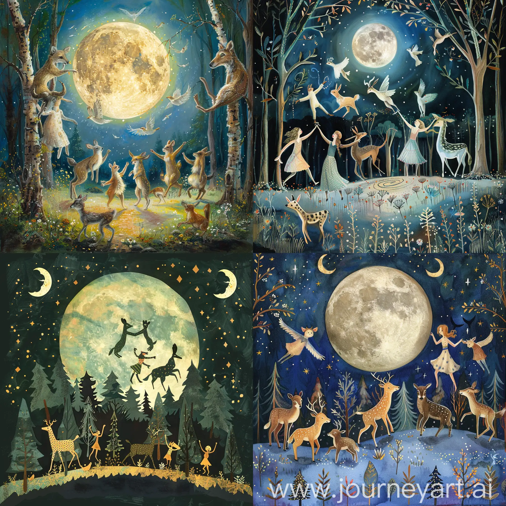 animals dancing in the forest over the moon 