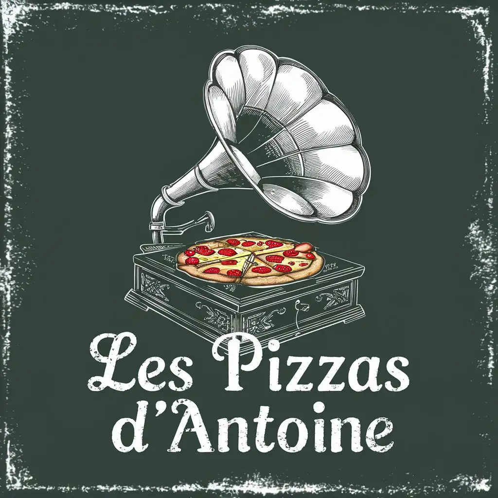 logo, Vintage style from the 1940s. 

Central Image: A drawing of a gramophone with a pizza taking the place of the record disc. The drawing is white. This is the main logo.

Details: The gramophone horn should be large and ornate from a 1920 gramophone.
    The pizza itself should be detailed, showcasing melted cheese, pepperoni slices and a crispy crust. It should be in similar style as the gramophone.
    Add the title "Les Pizzas d'Antoine" in a vintage font in white below the drawing.
The base of the gramophone is made of pizza boxes.

Color Scheme: For a truly vintage look, consider a muted color palette like:
 White drawings and dark green vintage background., with the text "The Pizzas of Antoine", typography, be used in Restaurant industry