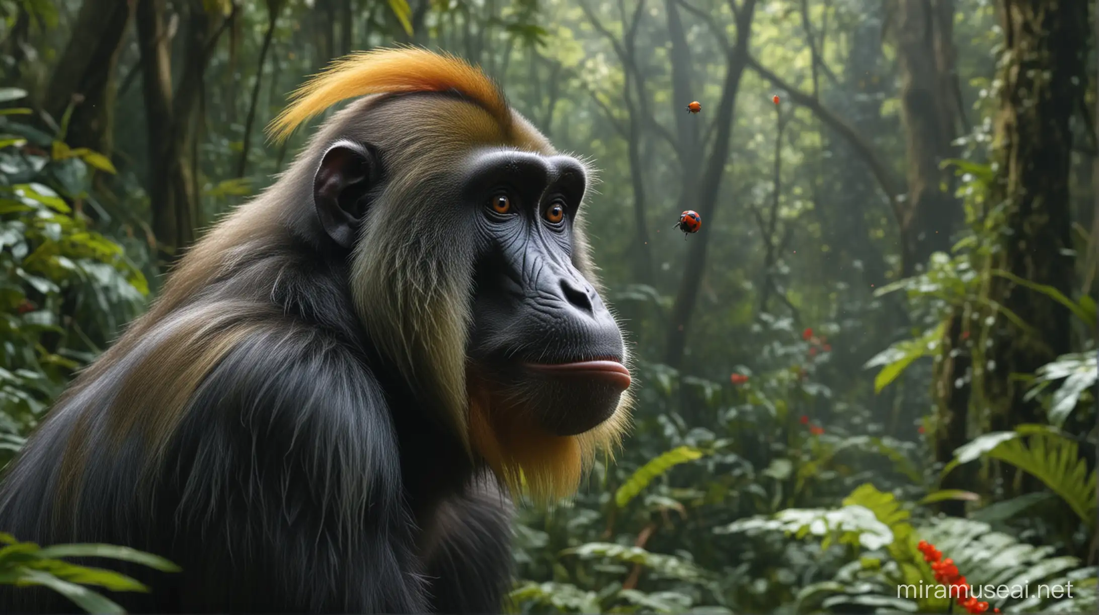 Create a vibrant and highly detailed image in 8K resolution of a mandrill, set against the backdrop of the Amazon jungle. The ladybug should be vividly colored, with bright red and black spots, making it the focal point of the image. The background should be a soft, artistically blurred array of greens and browns, typical of the dense Amazon foliage, enhancing the striking contrast with the mandrill. This setup should convey a sense of intimacy and immediacy, drawing viewers into the microscopic world of this charming insect."