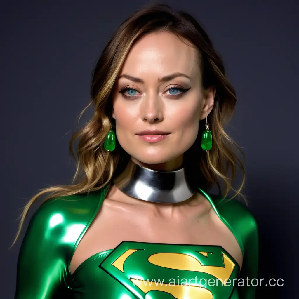 olivia wilde wearing a green latex supergirl  costume with green kryptonite chain collar
