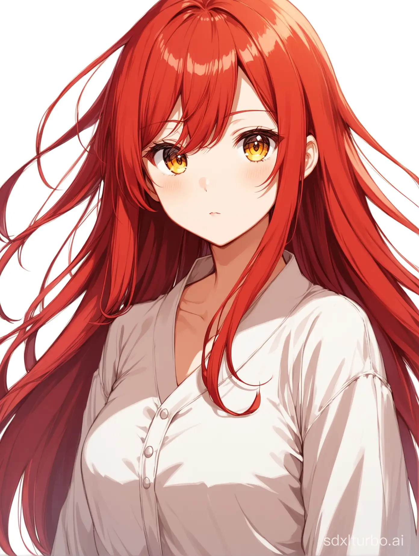 anime,solo,1 girl,front view , no pose, looking at viewer,long red hair,white background,simple background