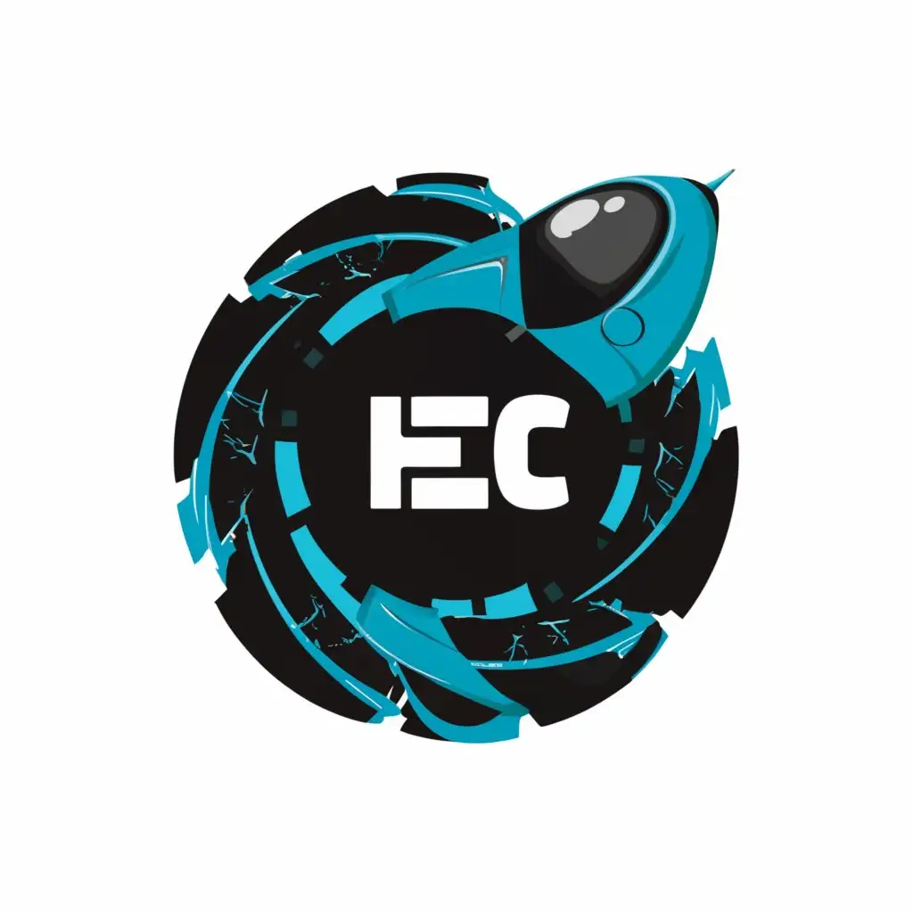a logo design, with the text 'EC', main symbol: A black and bright aqua blue futuristic space station logo. circle logo, Moderate, clear background
