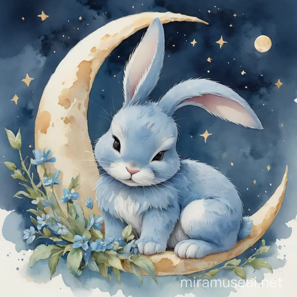 Cute Blue Bunny Napping under a Moonlit Watercolor Sky