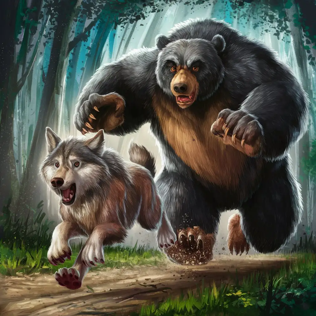 Fearful-Wolf-Fleeing-Pursuing-Bear-in-Dense-Forest