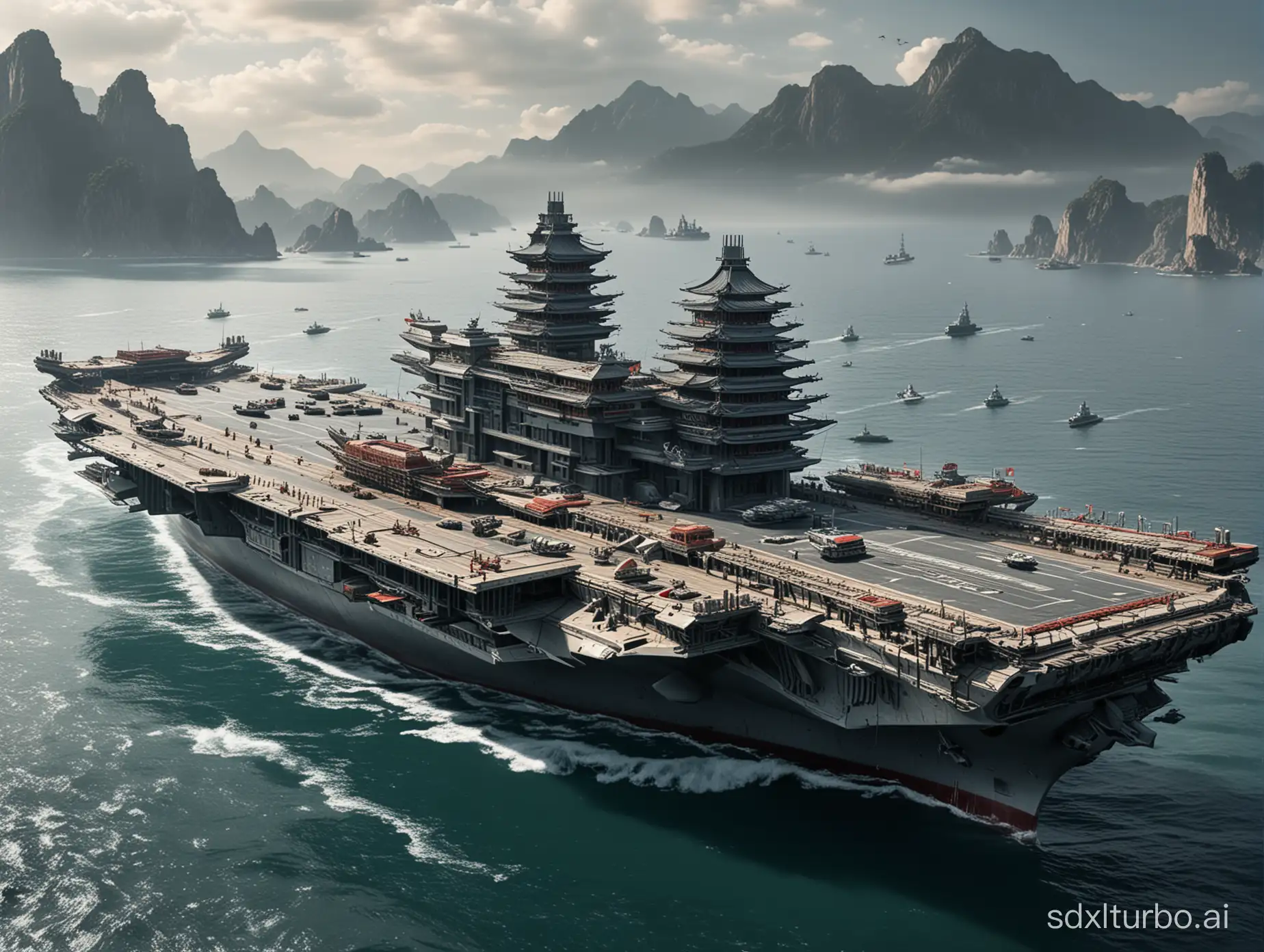 Design an aircraft carrier that blends ancient Chinese architectural elements with modern science fiction elements.