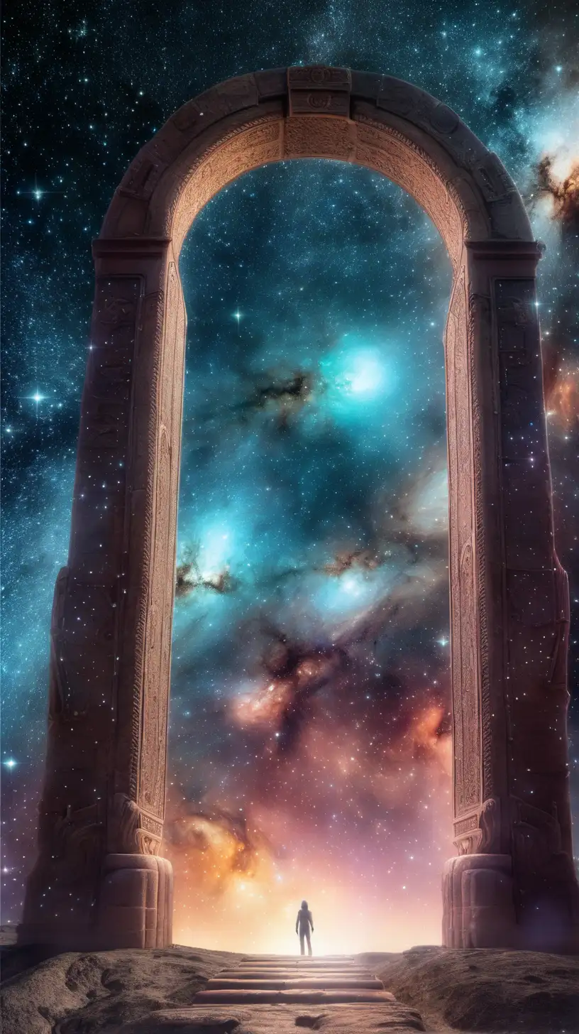 A mysterious gateway opening into a realm of stars and nebulas, inviting the viewer into a journey through the cosmos.