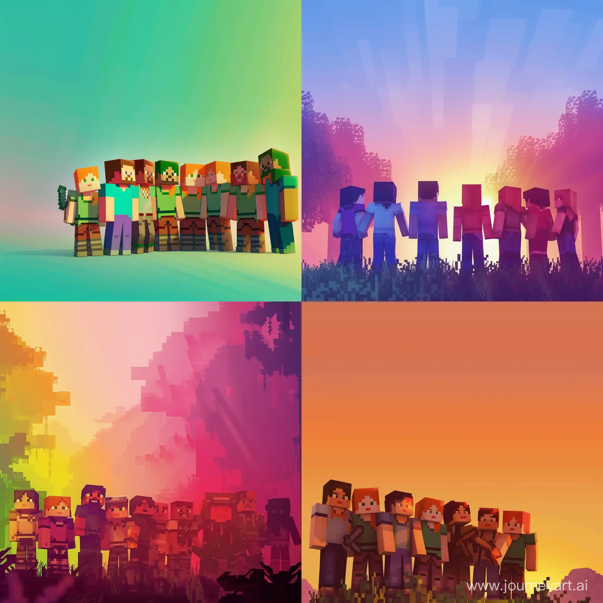 Banner for group, minecraft thematic, nature tones gradient background, the group of friends standing in the left side.