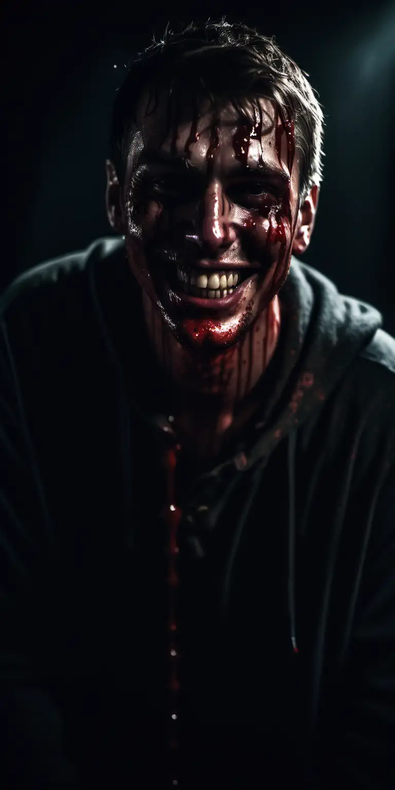 Subject: a manically smiling man dripping with blood staring directly at us
Style: cinematic lighting, dark, moody, sinister