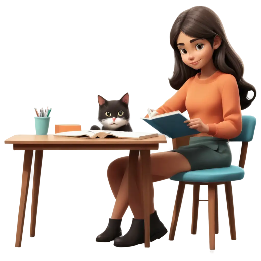 A girl study and a cat beside her and a table with books make it like cartoon
