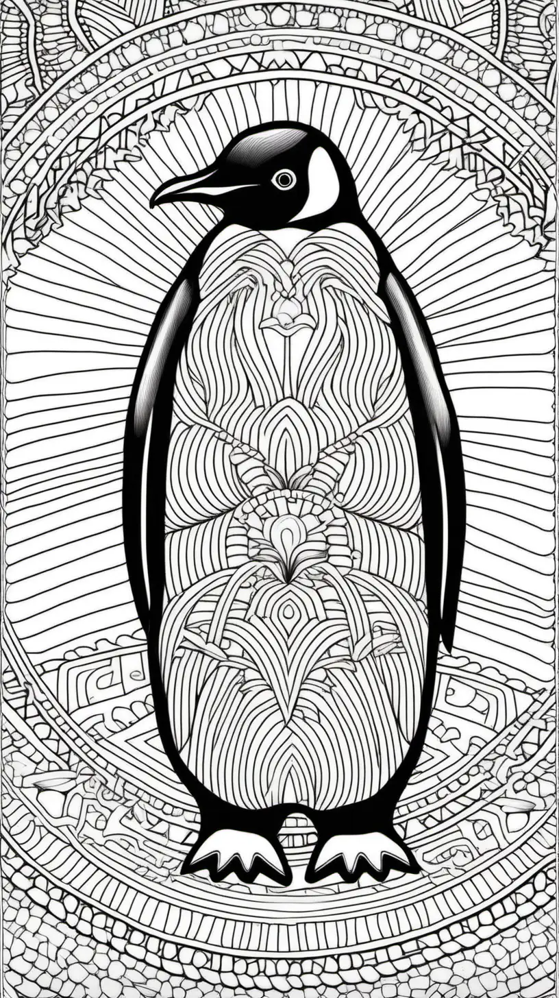 <penguin> adult colouring page, clean line art, mandala background 