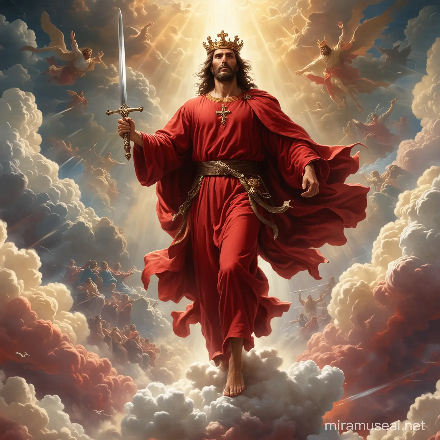 Jesus Christ in Red Robes with a Sword and Crown descending from Clouds of Glory, hd, detailed