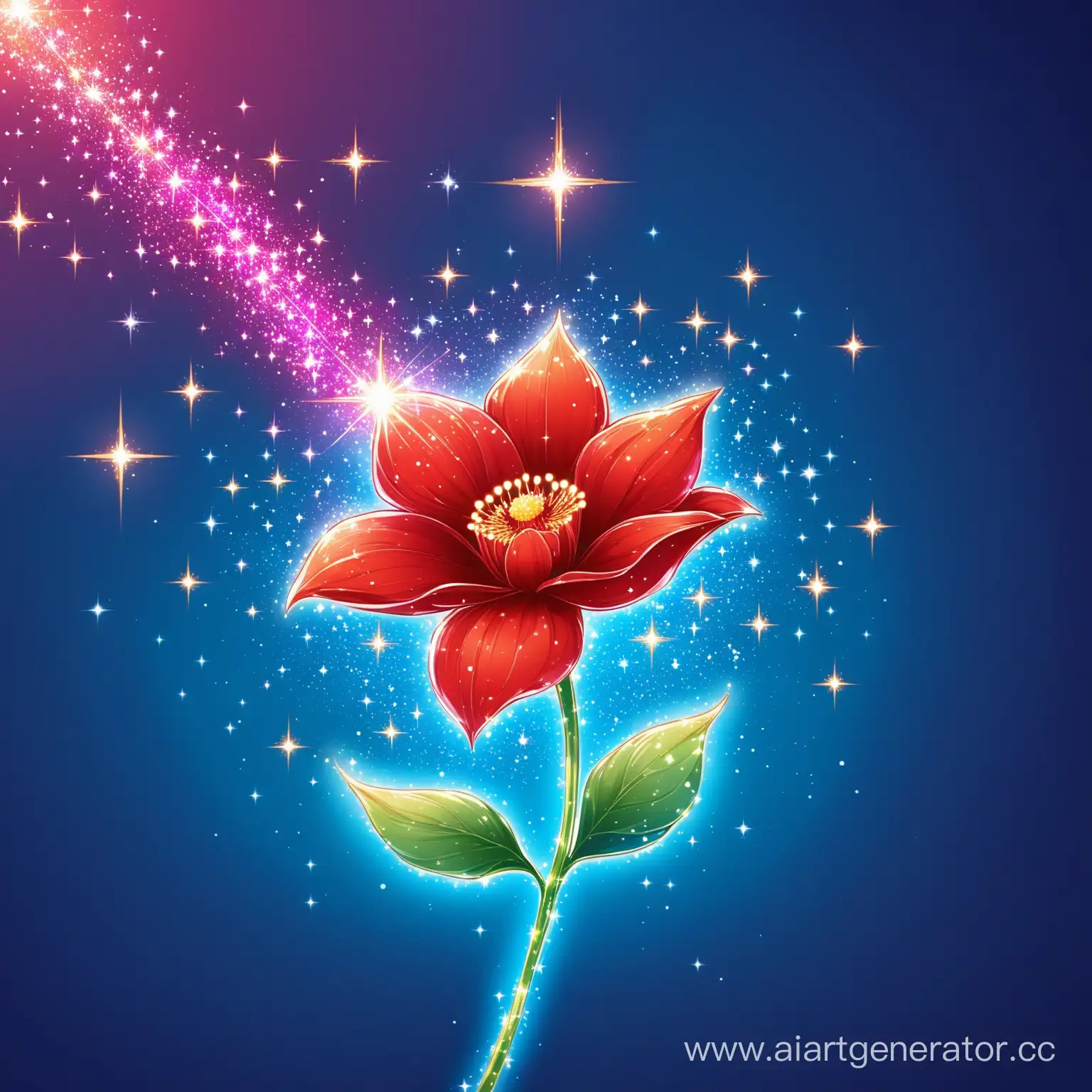 на синем фоне красный магический цветок с блёстками 