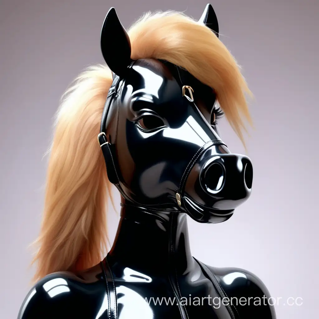 Латексная девушка фурри пони с черной латексной кожей с мордой пони вместо лица. с пышной гривой лошади
