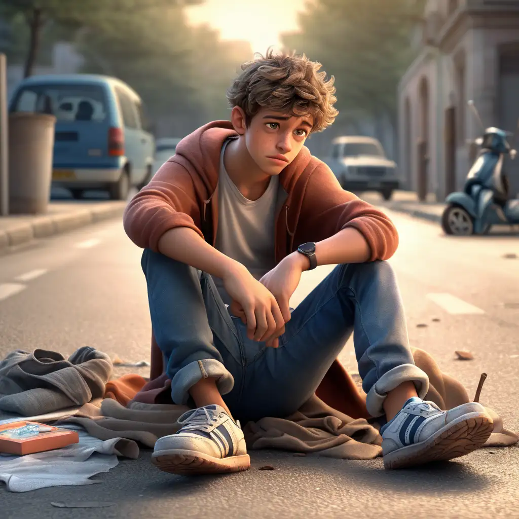 Create a 3D illustrator of an animated scene of a young man sitting hopelessly on the pavement of the road with torned clothes and dirty shoes. Beautiful background illustrations.