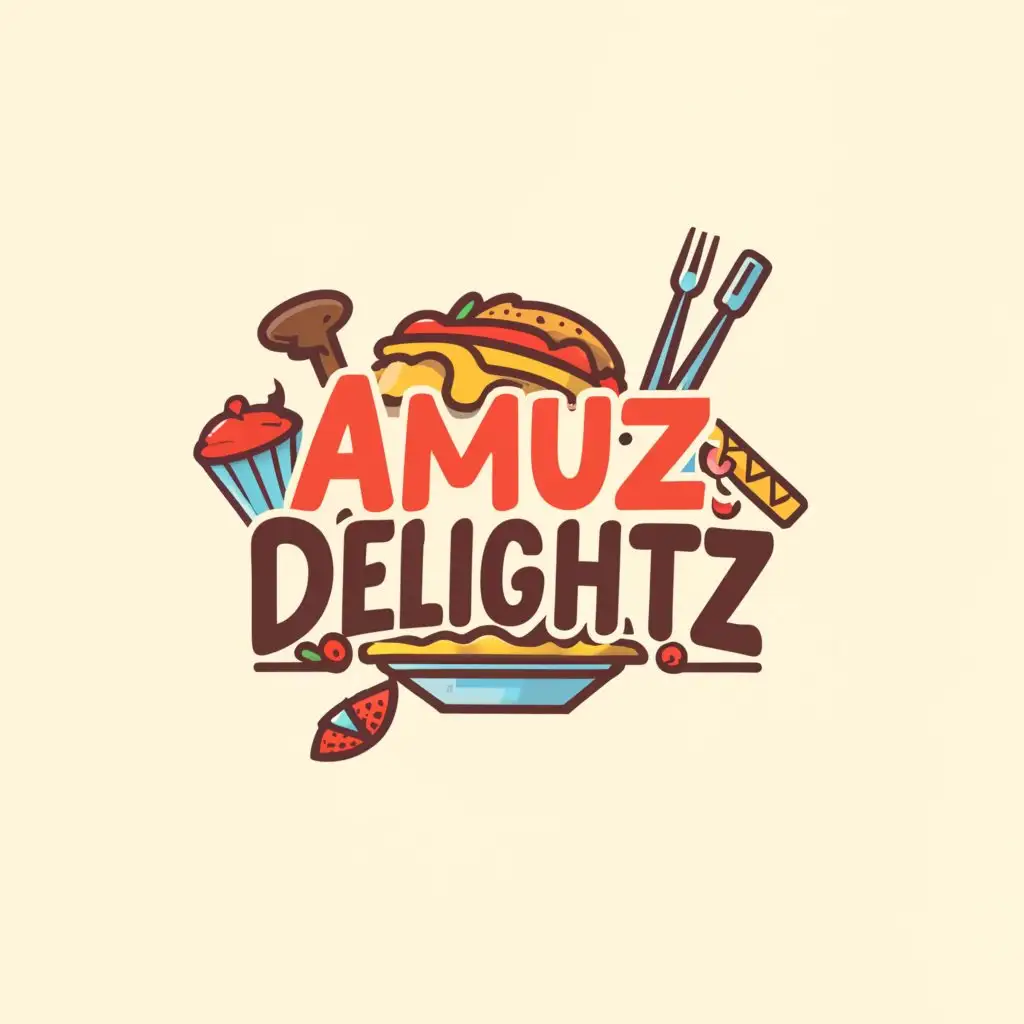 a logo design,with the text "AMUZ DELIGHTZ", main symbol:Top quality food and dessert,complex,be used in Restaurant industry,clear background
